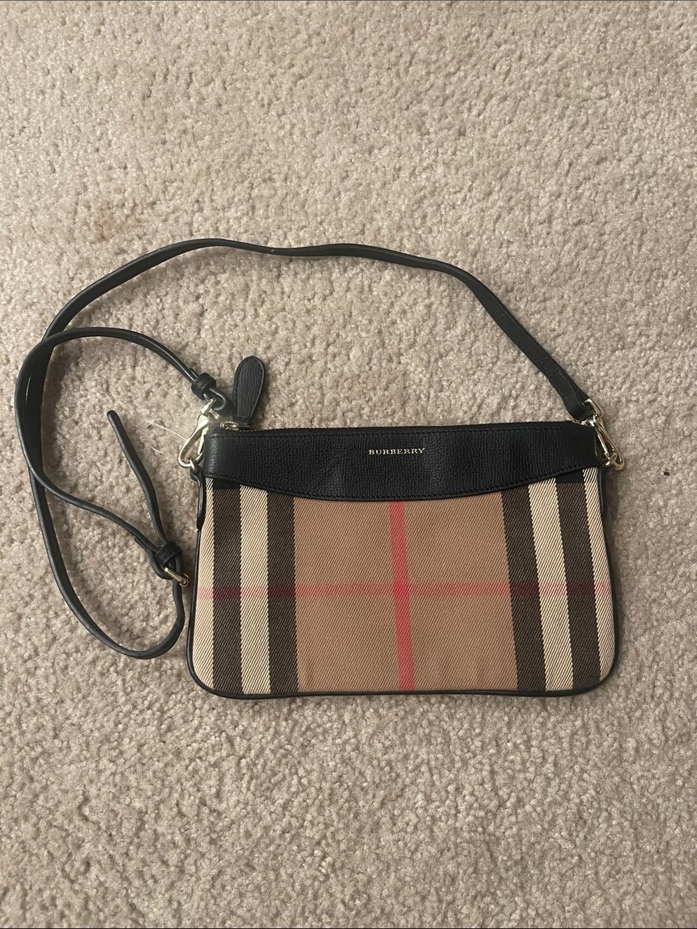 Burberry Tan Nova Check Crossbody with Black Leather Trim